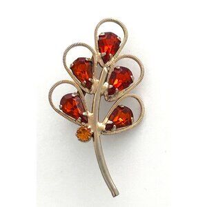 Vintage Gold Tone Fall Leaf Pin Brooch W/ Amber & Citrine Colored Rhinestones